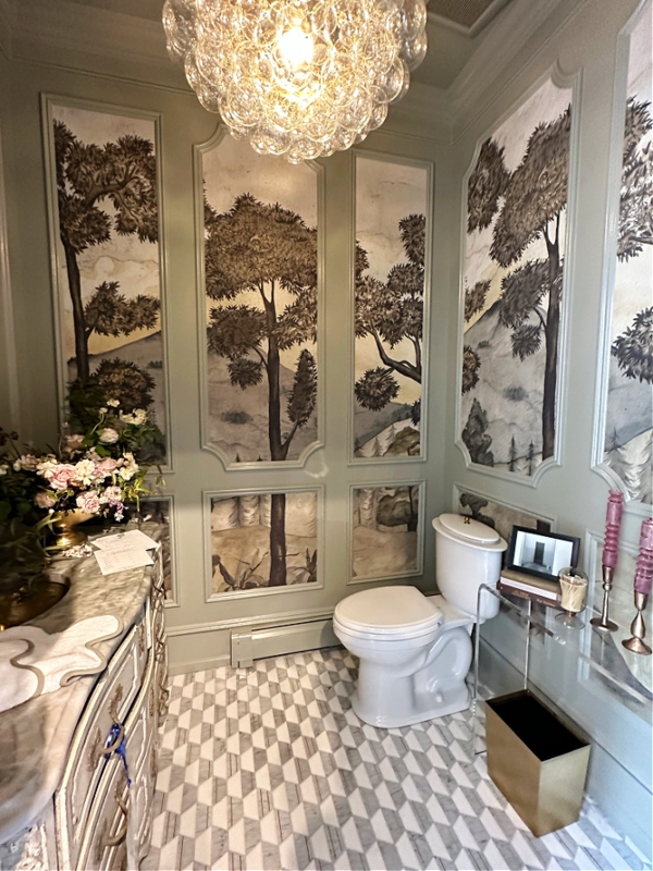 Powder Room Framed Scenic Murals Geometric Tile Bubble Chandelier