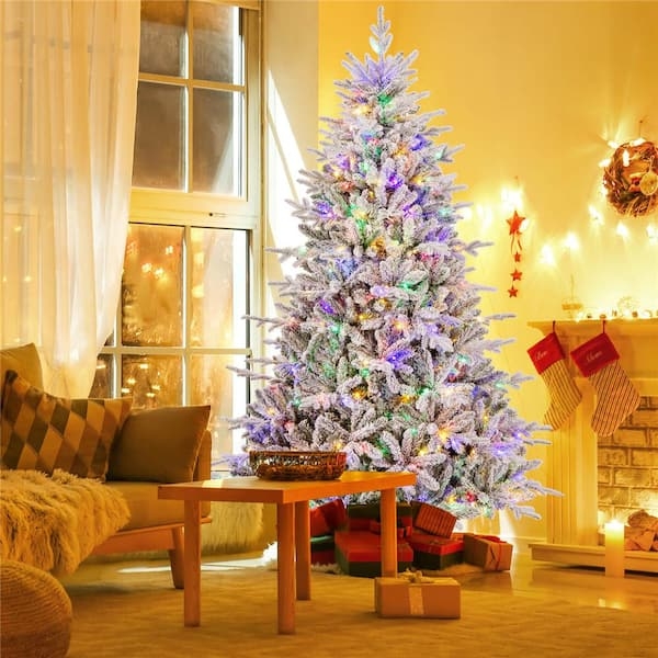 Pre-Lit Flocked Artificial Tree Multi-Color Lights Full Silhouette