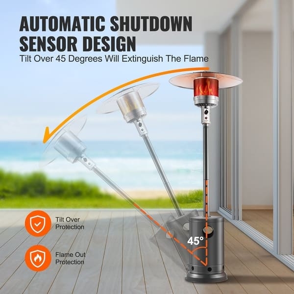 Propane Patio Heater with Tilt Sensor, High Visibility Flame Safety.