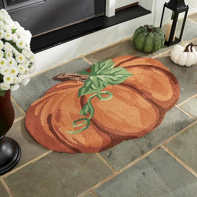 Pumpkin Shaped Harvest Doormat, Contoured Edges & Looped Pile