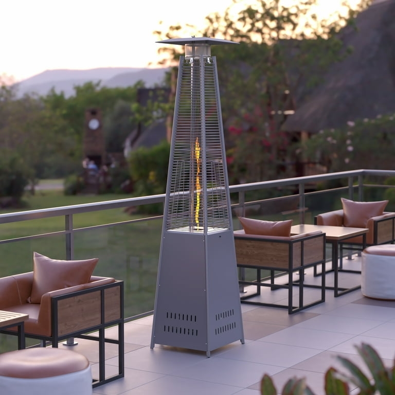 Pyramid Patio Heater, Internal Flame Column, Modern Silver Design.