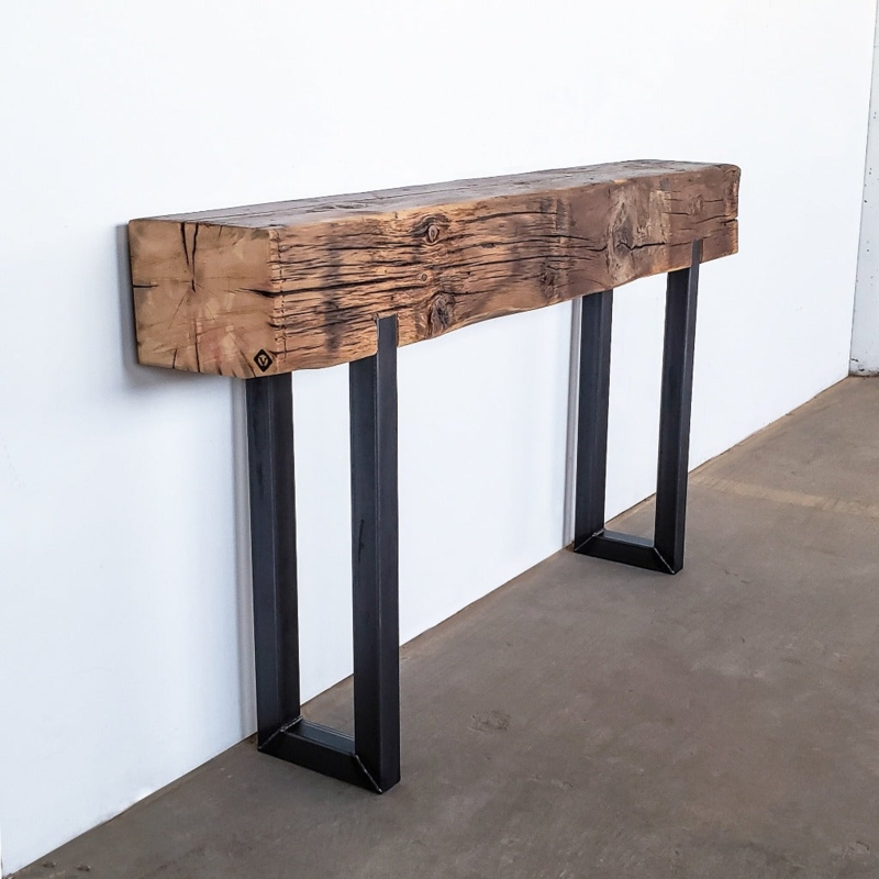 Reclaimed Beam Console Table Thick Top U-Shaped Metal Legs Rustic