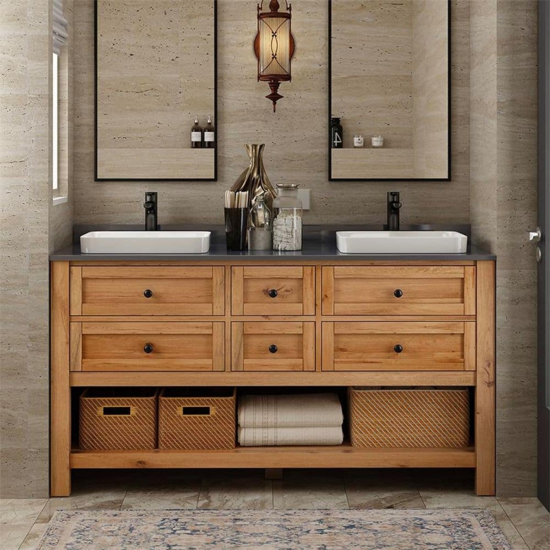 Reclaimed Wood Double Vanity, Open Shelf & Grey Stone Top