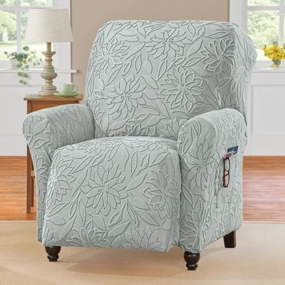 Recliner Slipcover Embossed Floral Seafoam Side Pocket Traditional