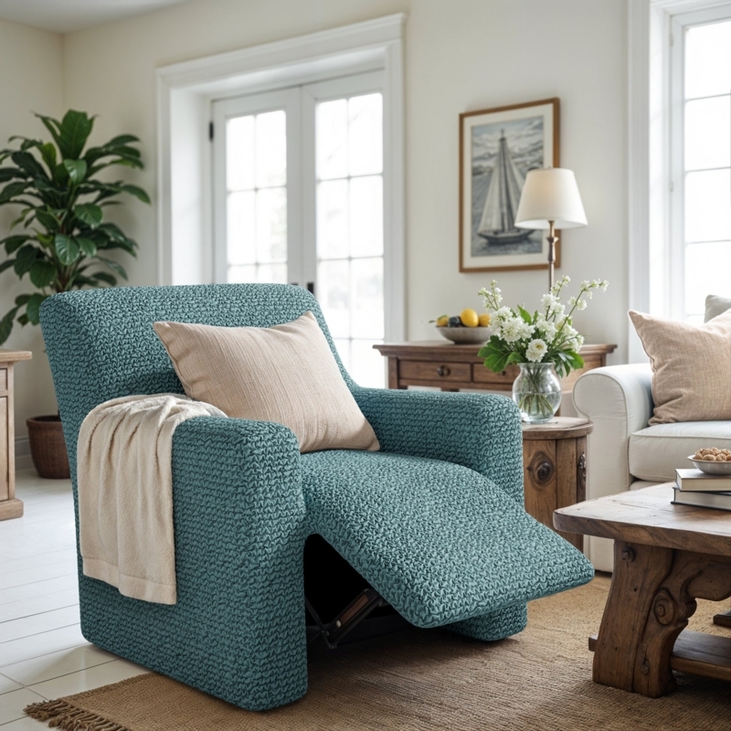 Recliner Slipcover Teal Waffle Knit Stretch Fit Coastal