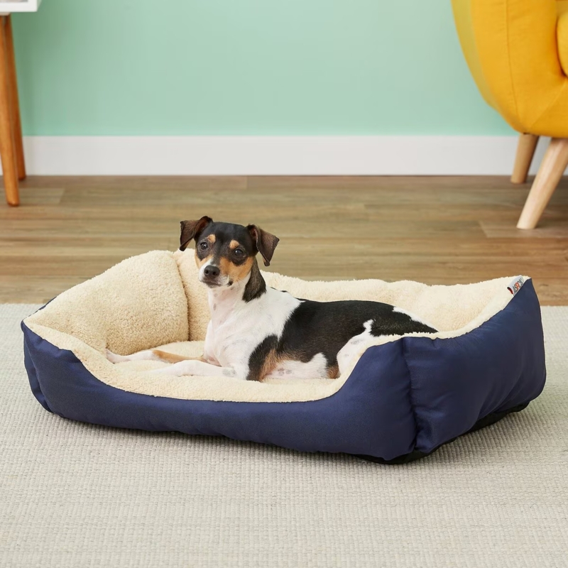 Rectangular Bolstered Pet Bed Navy Blue Faux Shearling