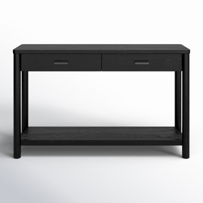 Rectangular Console Table Black Wood Grain with Bar Pulls & Lower Shelf