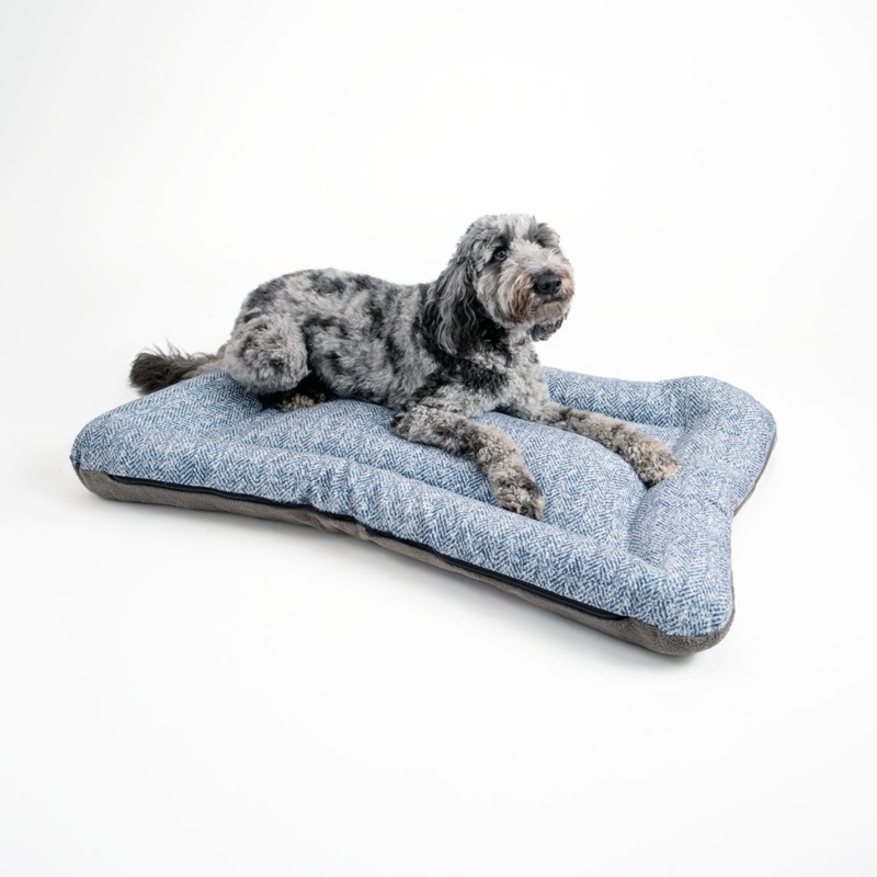 Rectangular Dog Bed Indigo Herringbone Pattern Bolster Edge