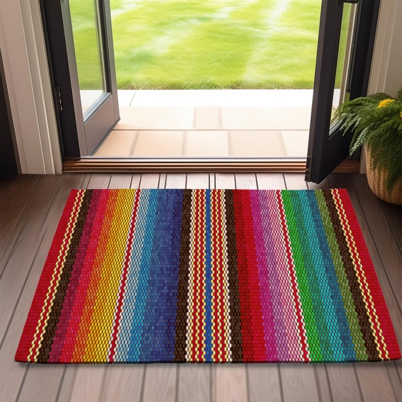Rectangular Doormat Rainbow Stripes Mexican Serape Style Low Profile