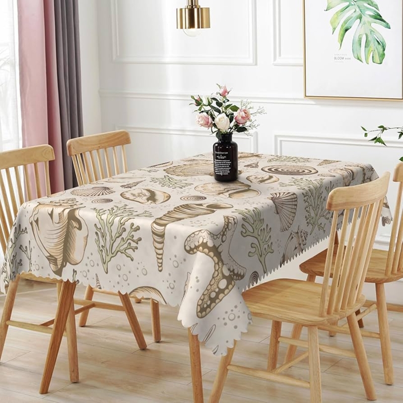Rectangular Scalloped Edge Tablecloth with Seashell Print