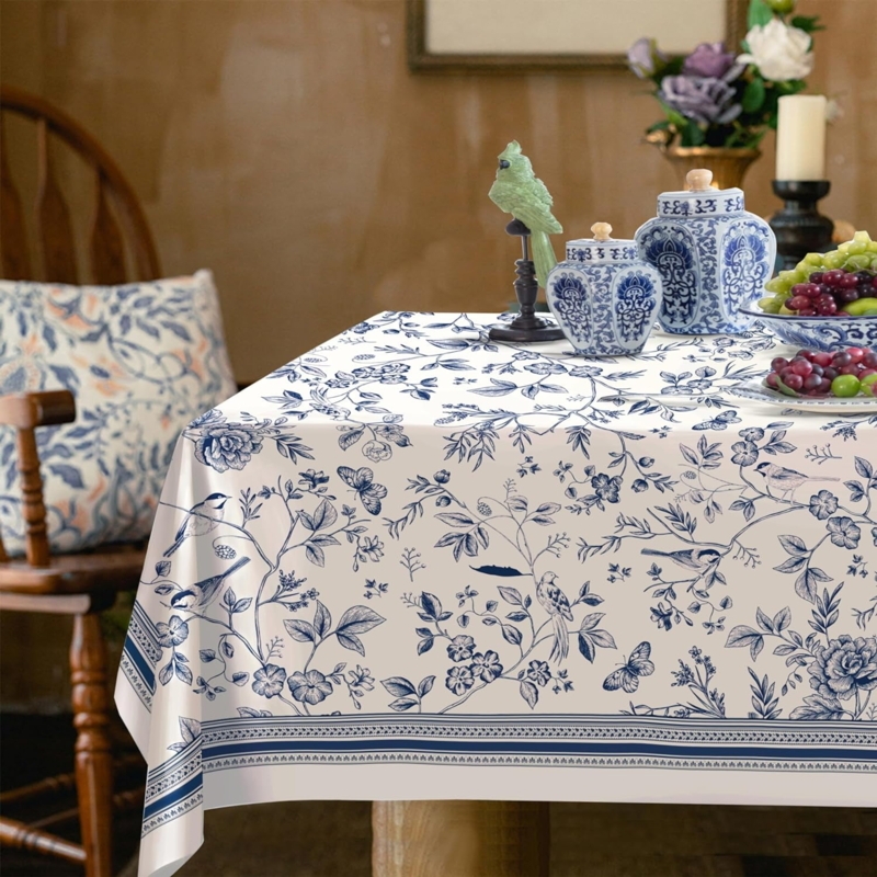 Rectangular Tablecloth Blue White Botanical Bird Print Chinoiserie