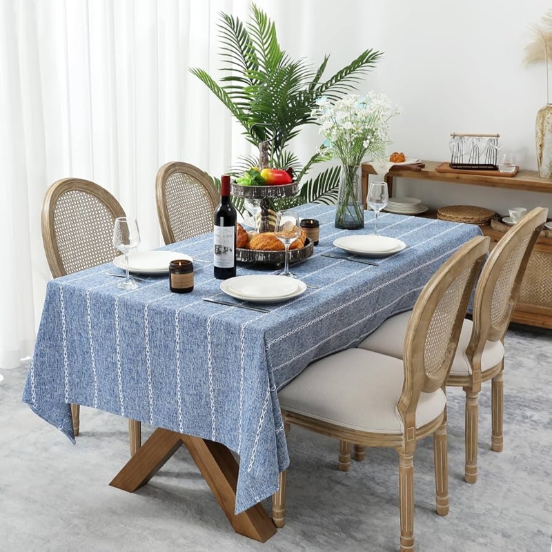 Rectangular Tablecloth Denim Blue Stitched Stripes Linen Look