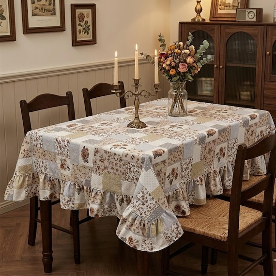 Rectangular Tablecloth Floral Patchwork Pattern Ruffled Hem Linen