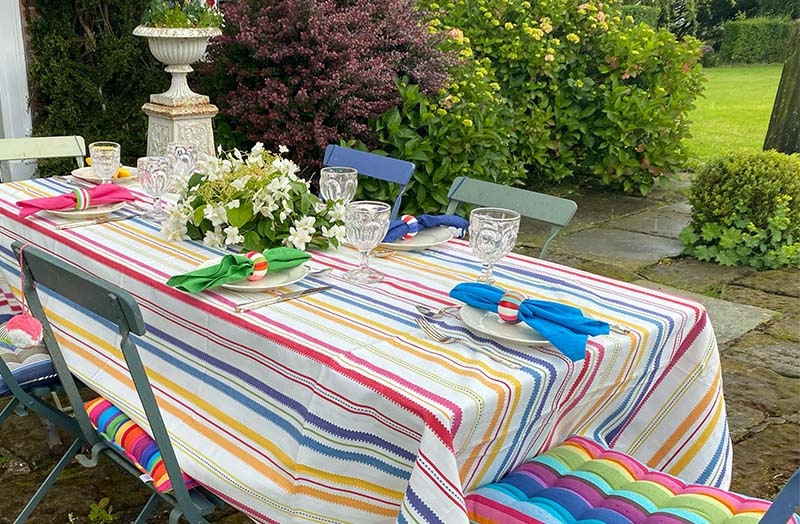 Rectangular Tablecloth Multi Colored Stripes Linen Like Garden Dining