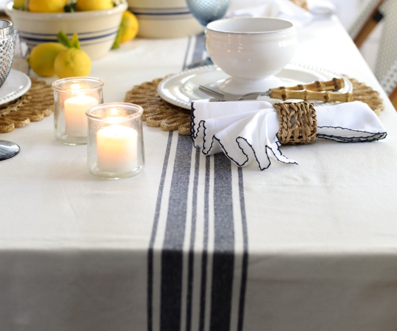 Rectangular Tablecloth Navy Blue Stripes White Cotton Blend