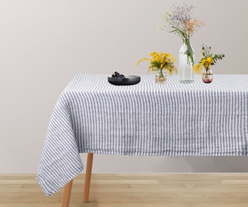 Rectangular Tablecloth Navy Pinstripe Pattern Minimalist Coastal Linen