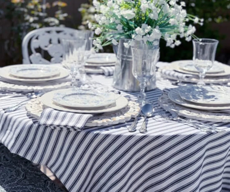 Rectangular Tablecloth Navy White Ticking Stripes Woven Texture Coastal