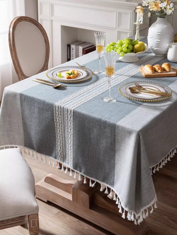 Rectangular Tablecloth Slate Blue Central Lace Stripe Tassel Fringe