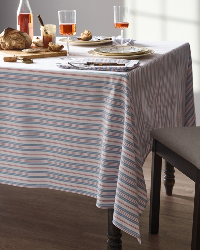Rectangular Tablecloth White Blue Red Ticking Stripe Twill Weave French