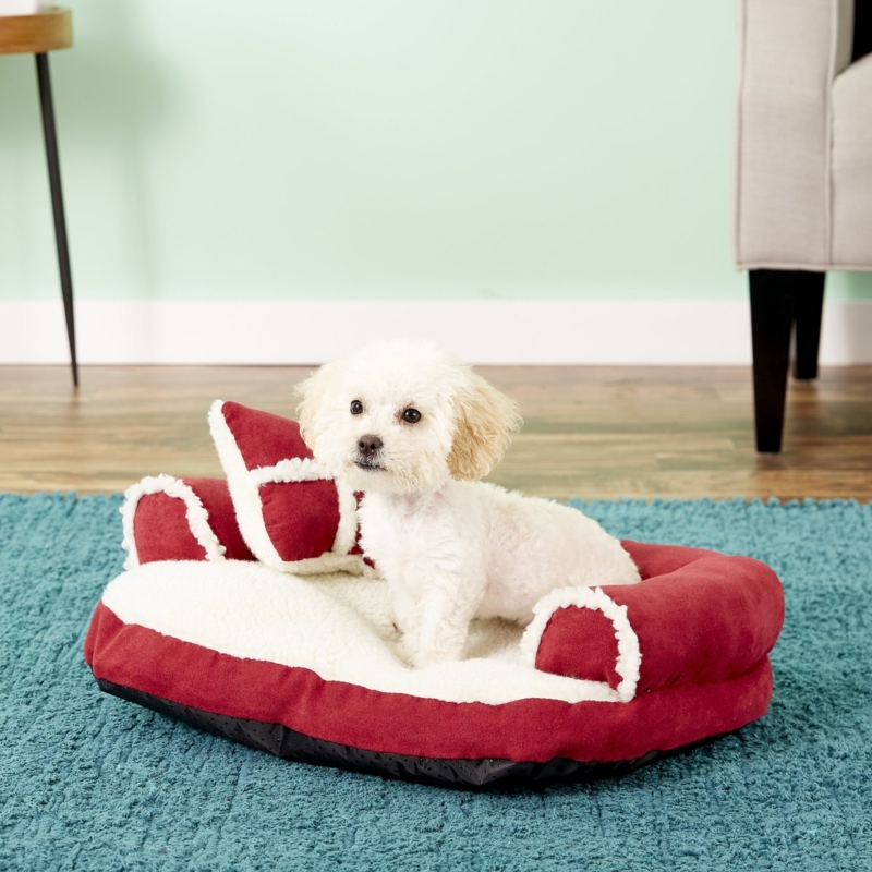 Red And White Bolster Dog Bed Sherpa Fleece Piped Trim