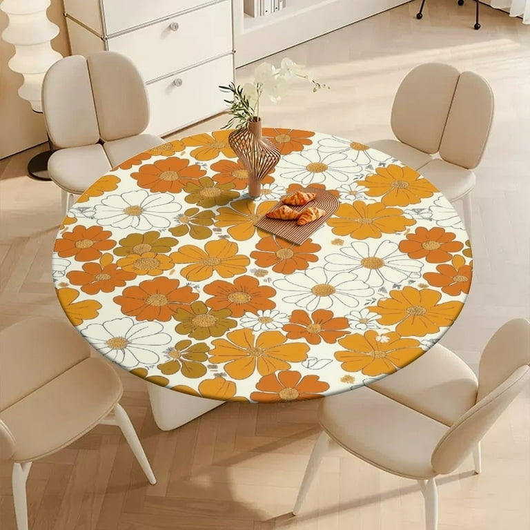 Retro Floral Tablecloth Round Fitted Orange Mustard Mid Century Modern Bold