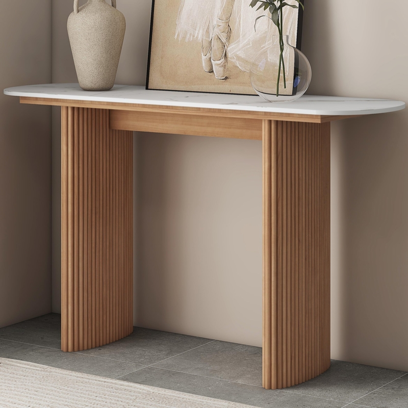 Ribbed Pedestal Console Table with Pill Shaped Stone Like Top