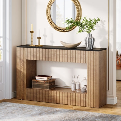 Ribbed Wood Console Table with Black Top & Open Shelf for Storage