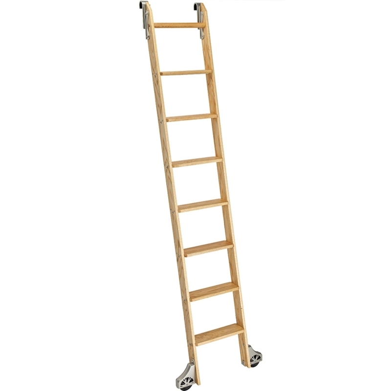 Rolling Library Ladder Light Wood Top Hooks Silver Hardware Classic Home