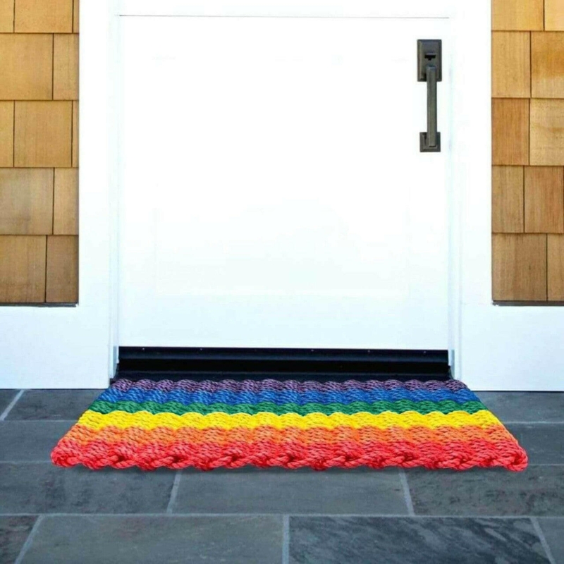 Rope Doormat Braided Rainbow Stripe Nautical Coastal Porch Decor