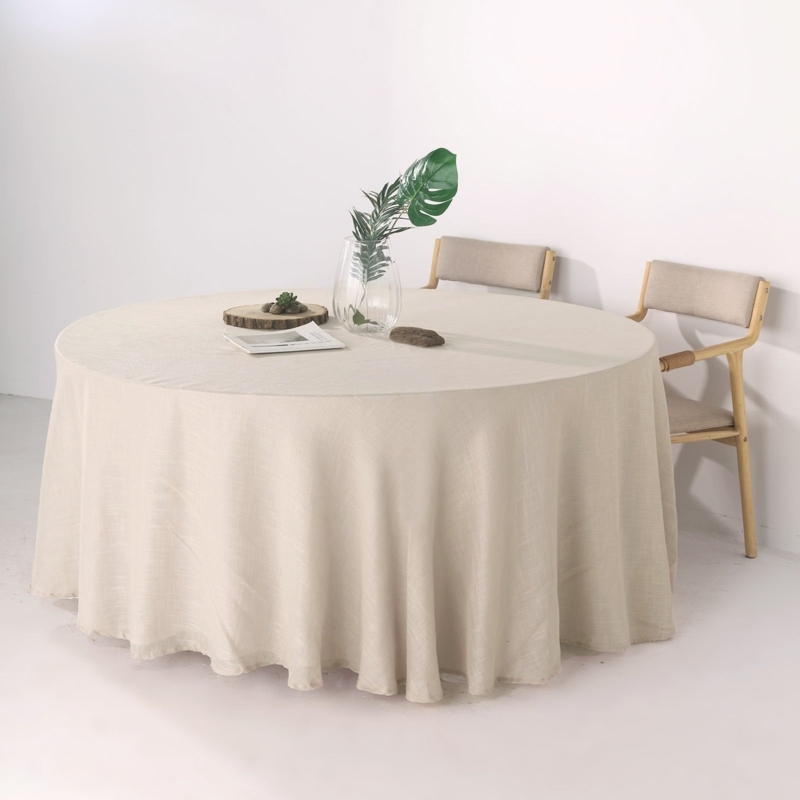 Round Beige Faux Linen Tablecloth, Floor Length Rustic Modern