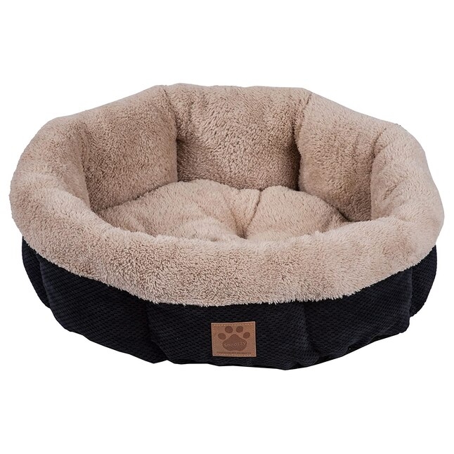 Round Bolster Pet Bed Black Honeycomb Shearling Lining