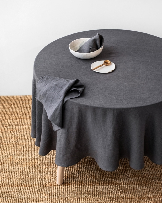 Round Charcoal Linen Tablecloth for Organic Modern Dining Room Styling.