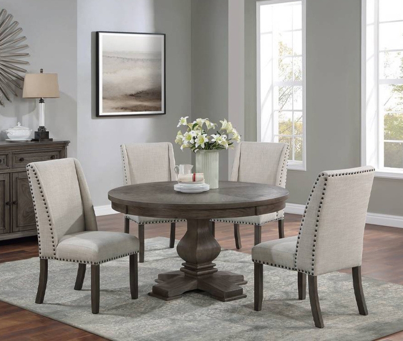 Round Dining Room Set Weathered Gray Oak Pedestal Nailhead Trim Chairs