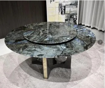 Round Dining Table Dark Stone Top Integrated Turntable Modern