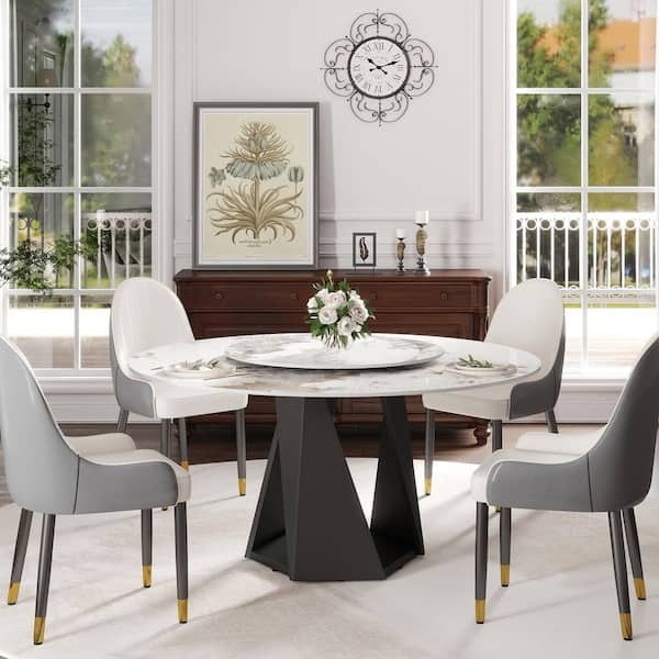 Round Dining Table Geometric Pedestal Lazy Susan Two-Tone