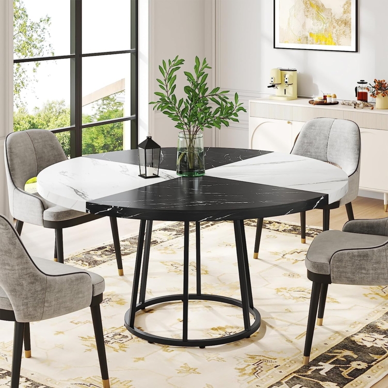 Round Dining Table Quadrant Marble Top Caged Metal Base