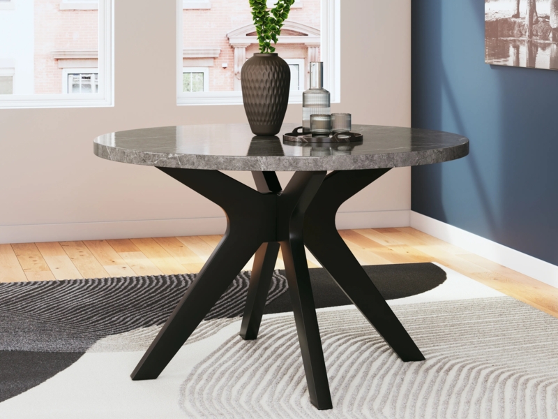 Round Dining Table Sculptural Splayed Legs Grey Marble Effect