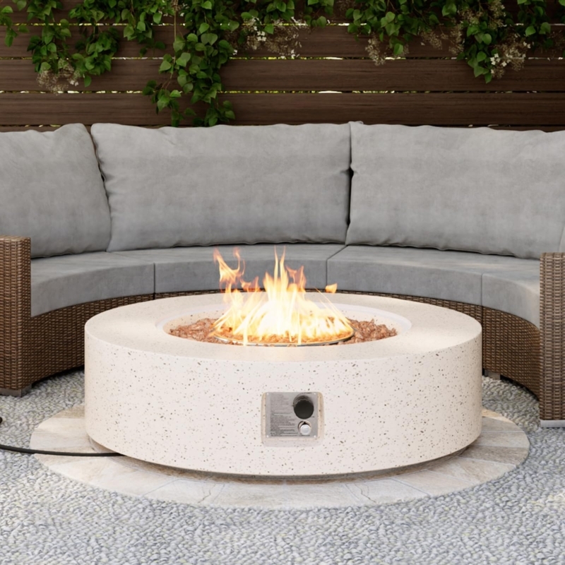 Round Fire Pit Table White Speckled Finish Low Profile Design