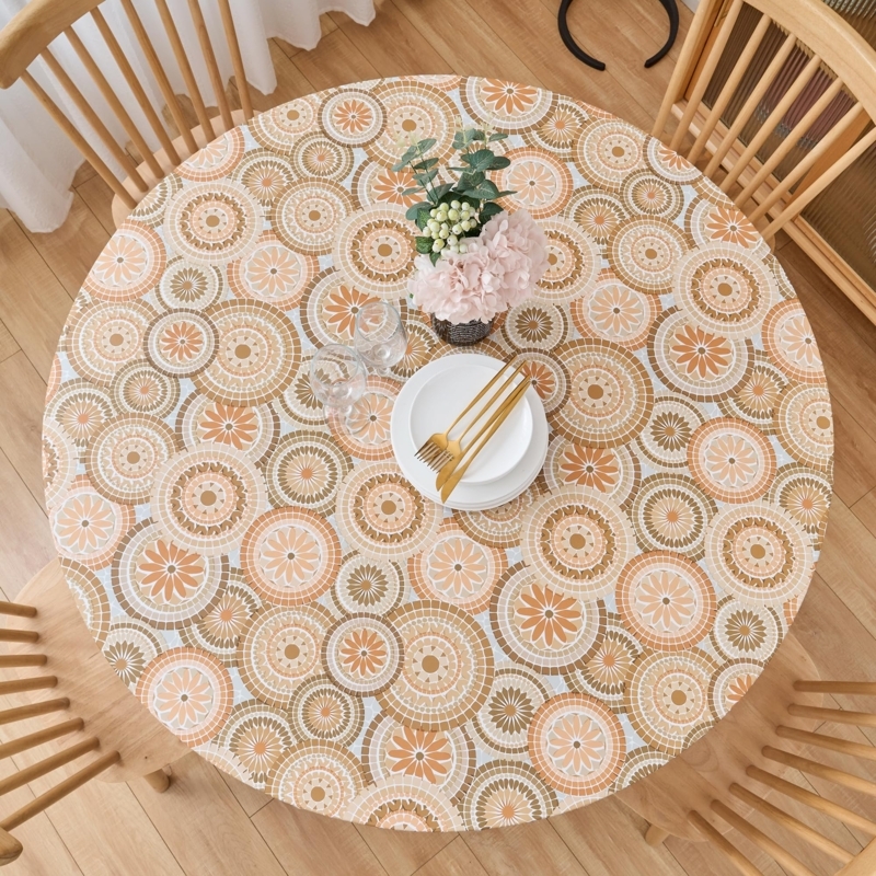 Round Fitted Tablecloth Earthy Tones Medallion Pattern Boho Rustic