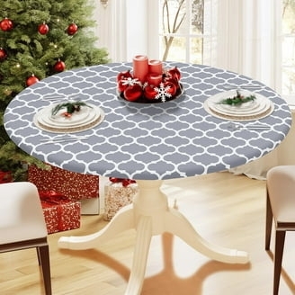 Round Geometric Tablecloth Fitted Gray White Quatrefoil Festive Dining