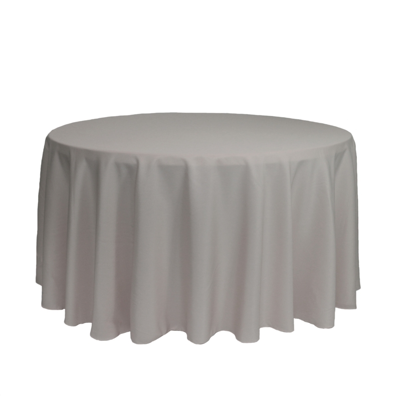 Round Gray Polyester Tablecloth with Floor Length Drape for Events.