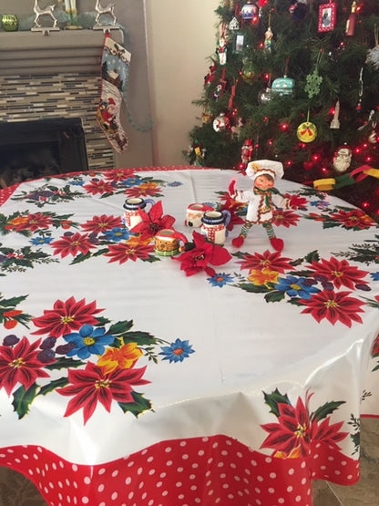 Round Oilcloth Tablecloth Polka Dot Border Poinsettia