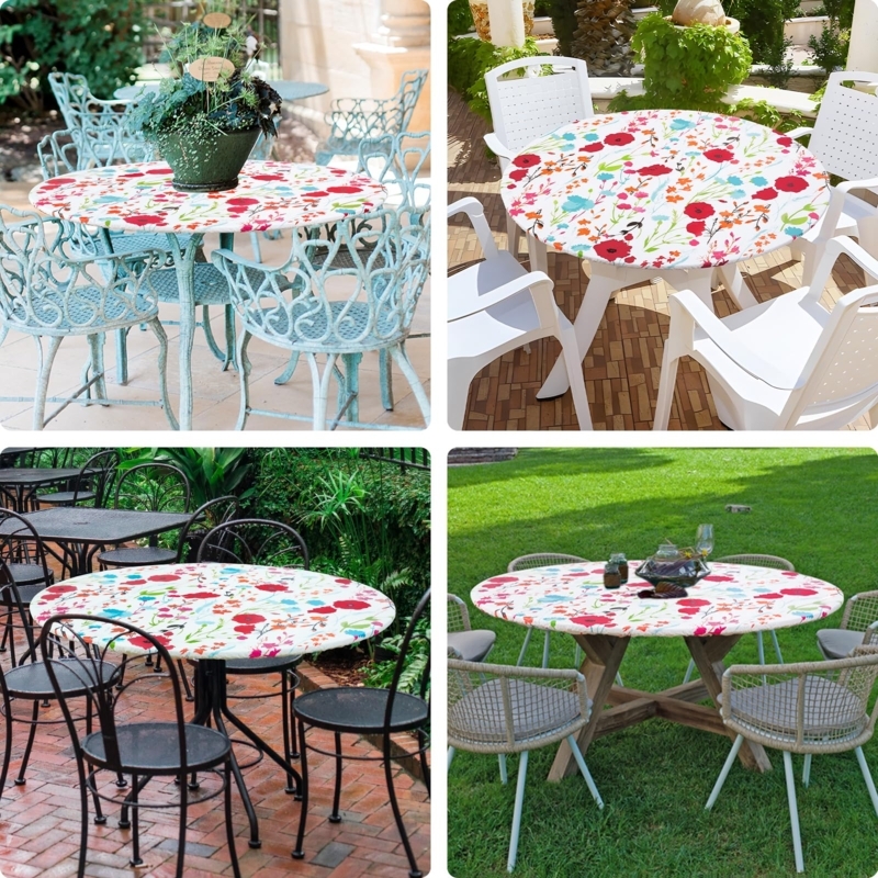 Round Outdoor Tablecloth Fitted Botanical Floral Print Red Blue Cottage