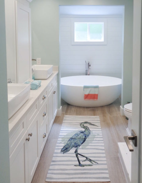 Round Soaking Tub Bathroom: Coastal Shiplap & Heron Runner Rug