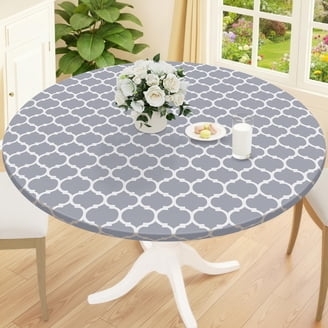 Round Table Cover Fitted Grey White Quatrefoil Geometric Pattern Chic