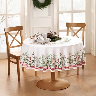 Round Tablecloth Berry Pinecone Border Striped Hem