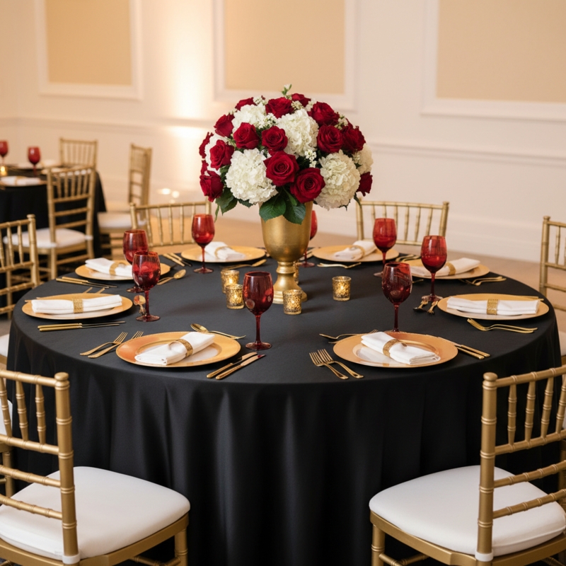 Round Tablecloth Black Satin Floor Length Glam Wedding Decor