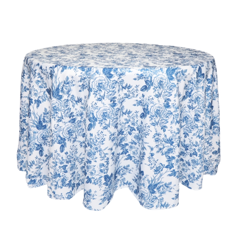 Round Tablecloth Blue French Toile Floral Floor Length White