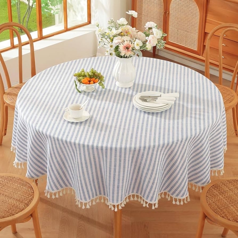 Round Tablecloth Blue White Stripes Tassel Fringe Coastal Farmhouse