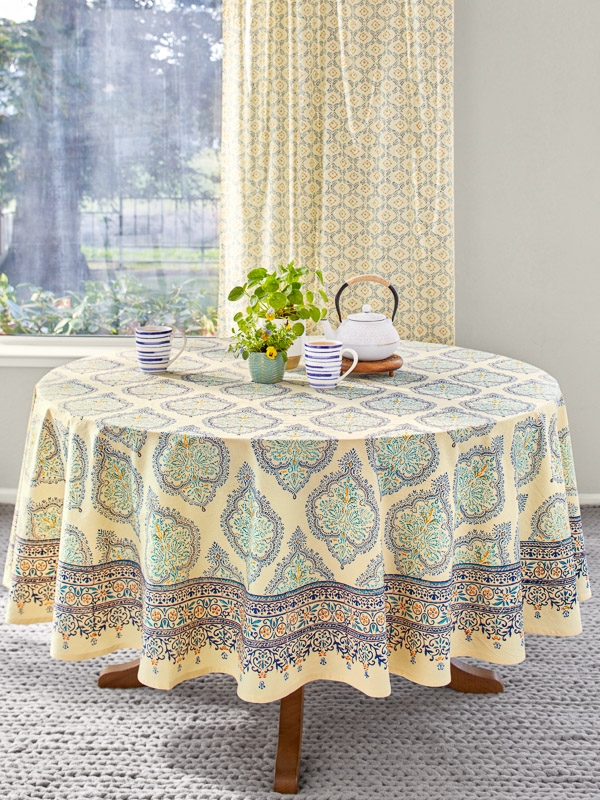 Round Tablecloth Blue Yellow Block Print Medallion French Country